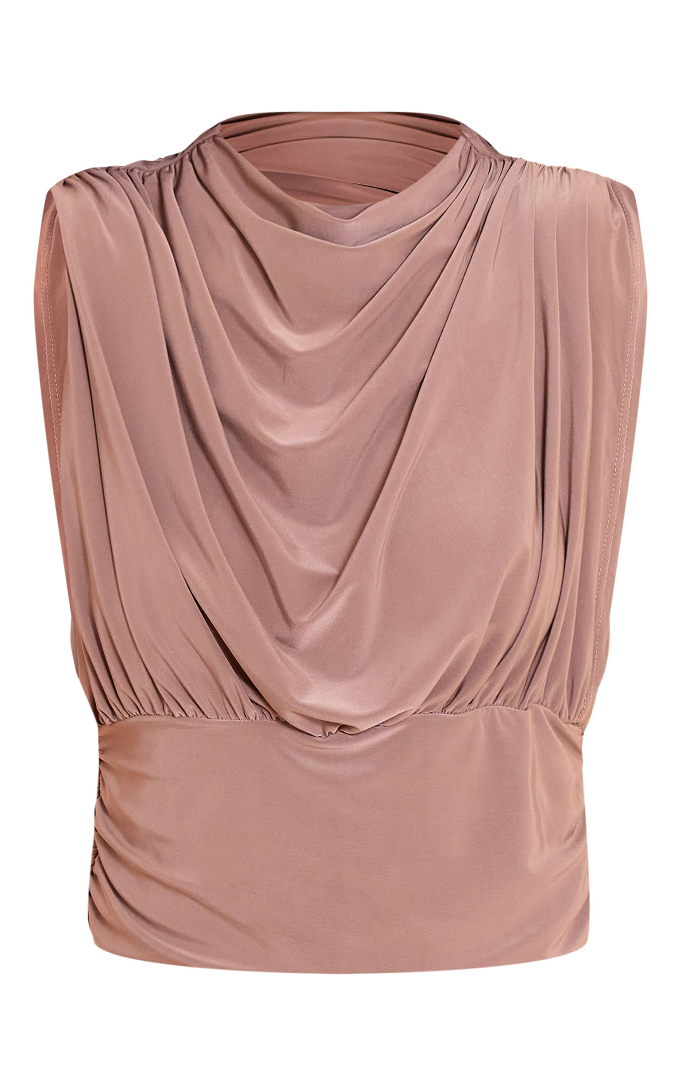 Taupe Haut Court Col Montant En Tissu Slinky Taupe Foncé