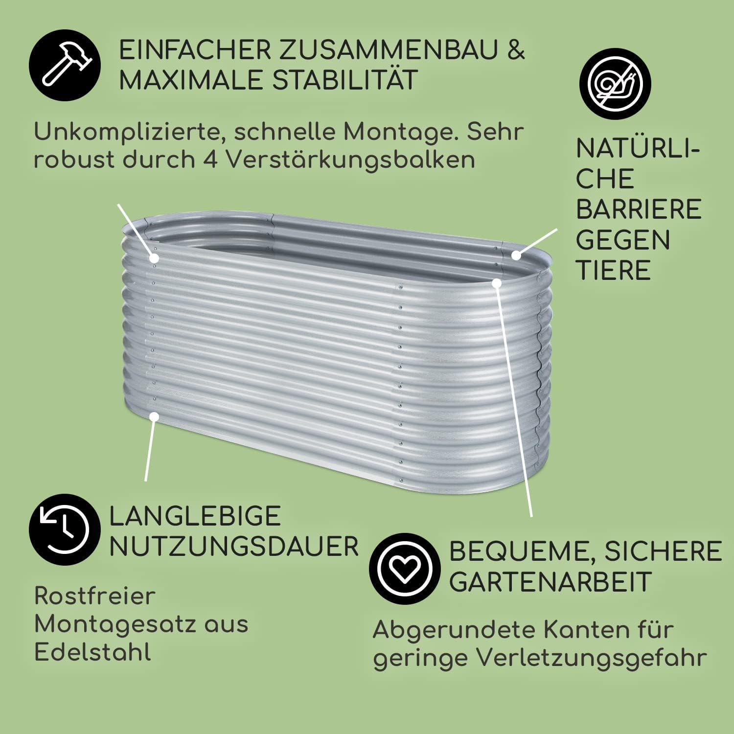 blumfeldt Hochbeet aus Metall, Wetterfestes Stahlblech für Balkon & Garten, Rostfreies Oval, Freistehende Hochbeete 200x80x100 cm, 1257L Pflanzkübel Groß für Blumen, Obst, Gemüse
