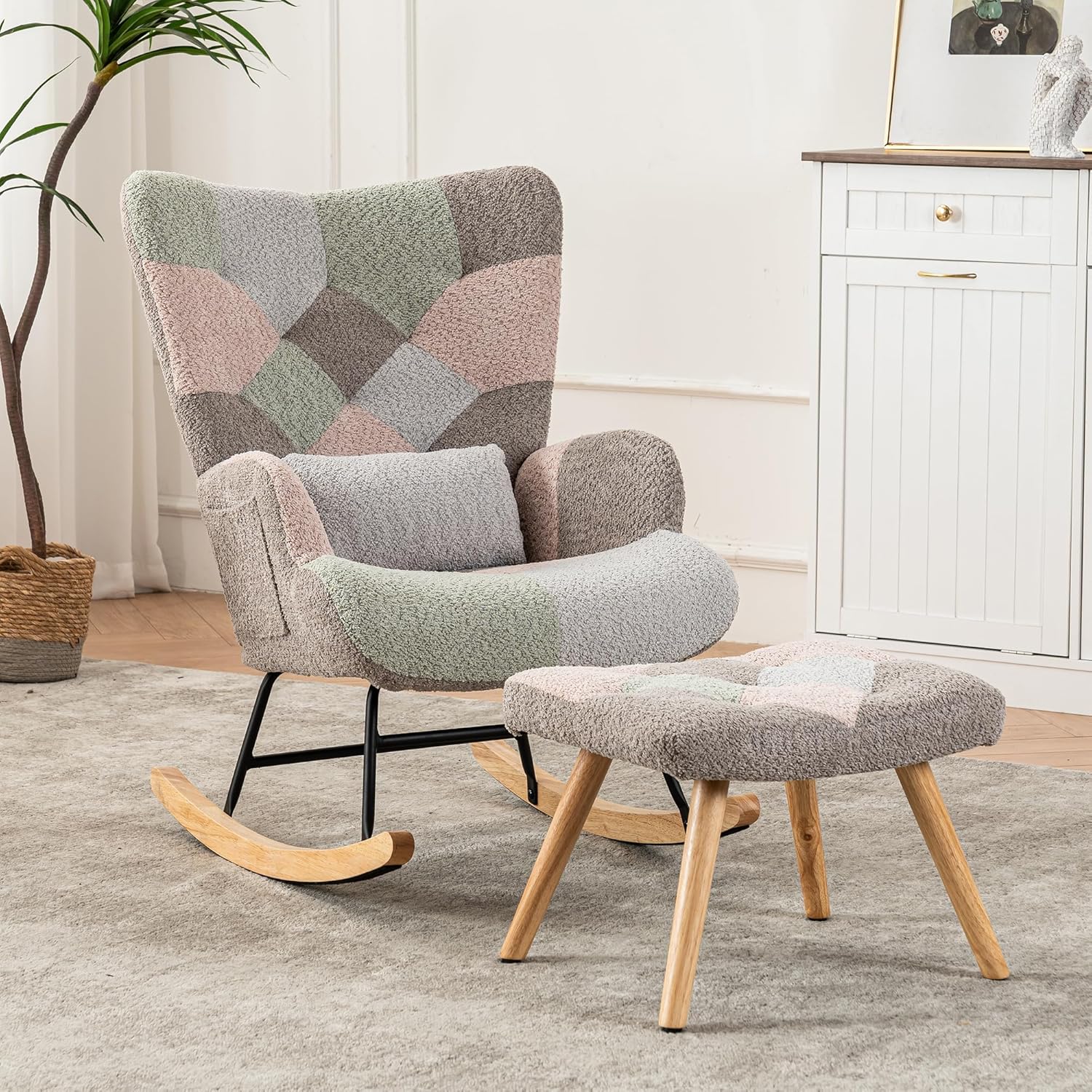 Merax Schaukelstuhl mit Hocker, Sessel Relaxsessel Schaukelsessel mit Flügelrückenlehne & Lendenkissen, Gepolsterter Wohnzimmersessel Schwingsessel, für Schlafzimmer Balkon, Metallgestell, Frottee