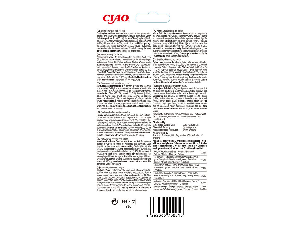 SNACK PARA GATO CIAO CHURU FRANGO / ATUM / VIEIRA 3X10G