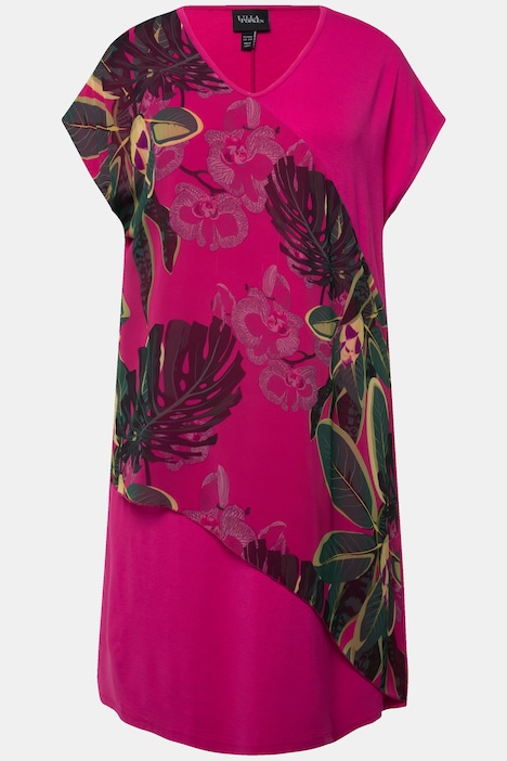 Jerseykleid, Chiffon, Blüten, V-Ausschnitt, Halbarm