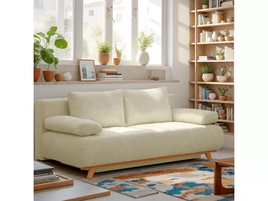 Canapé convertible 3 places avec coffre de rangement en velours côtelé beige - Laria