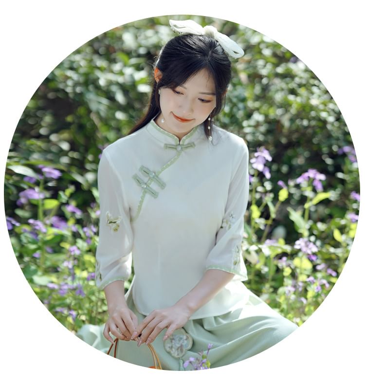 Fioridi - Elleboogmouw Bandkraag Bloemen Hanfu Top / Midi A-lijn Rok / Set