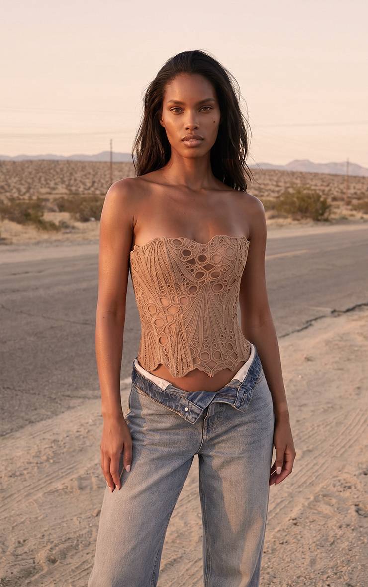 Gris Pierre Corset En Dentelle Florale Transparente Texturée