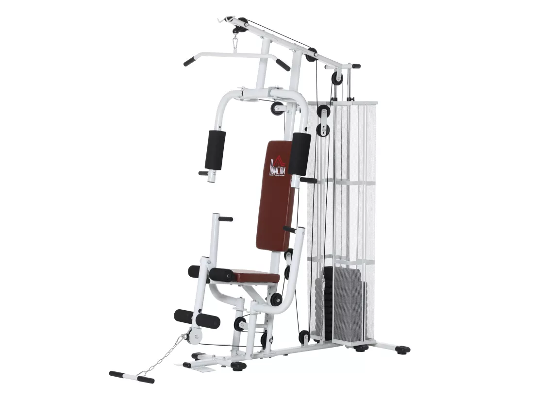 Station de musculation - entrainement complet - développé couché, butterfly, barre latissimus, curler, bande résistance - 10 contrepoids - acier blanc