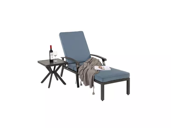 Chaise longue de jardin 1 pièce avec coussin bleu imperméable en coton inclinable et réglable structure aluminium antirouille transat piscine extérieur