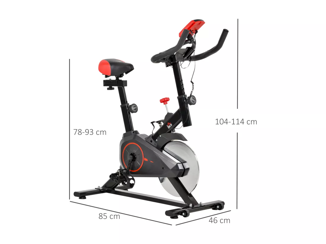 Vélo d'appartement avec écran LCD multifonctions vélo biking cardio training selle et guidon réglables volant inertie 6 Kg acier noir rouge