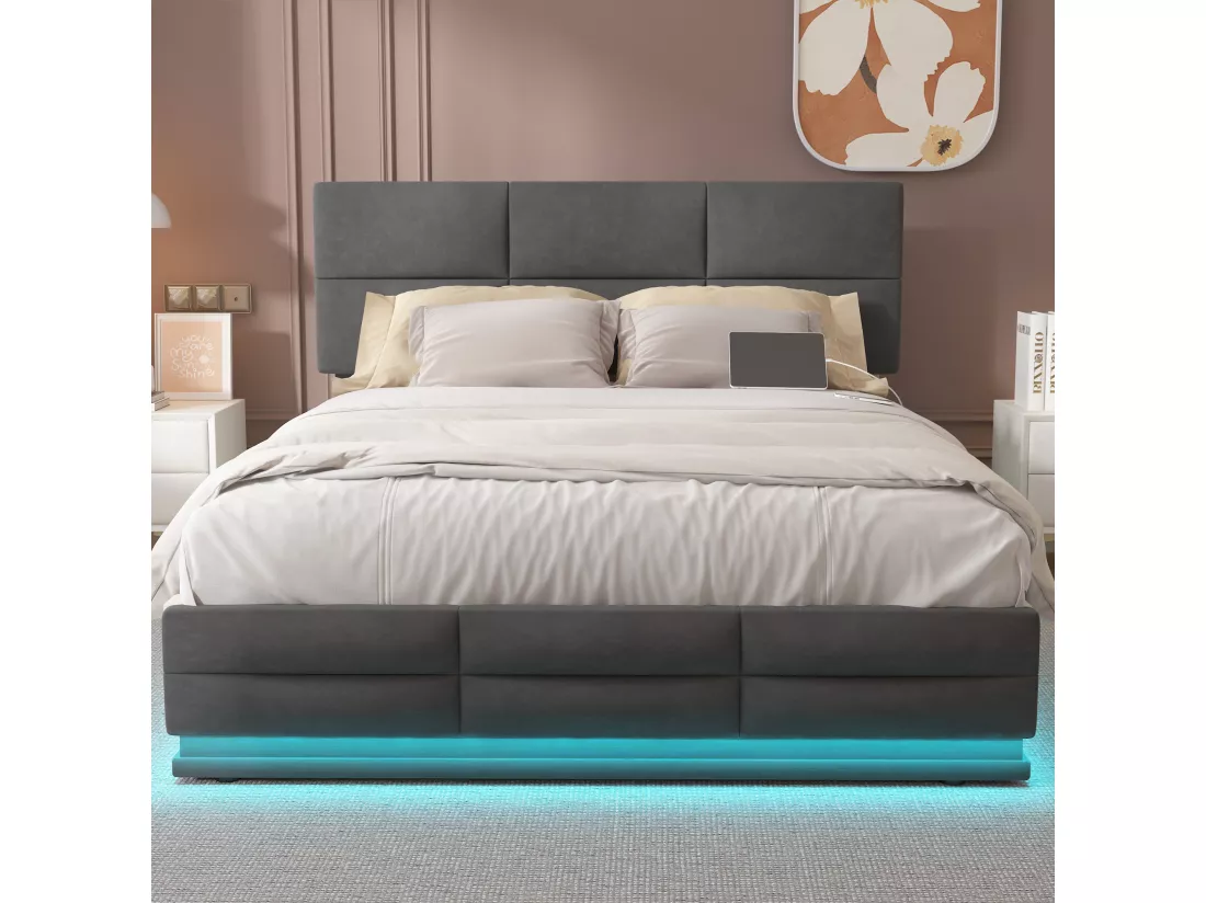 Lit coffre lit double capitonné hydraulique 160 x 200 cm en velours doux pour la peau avec lumières LED et chargeur USB, gris