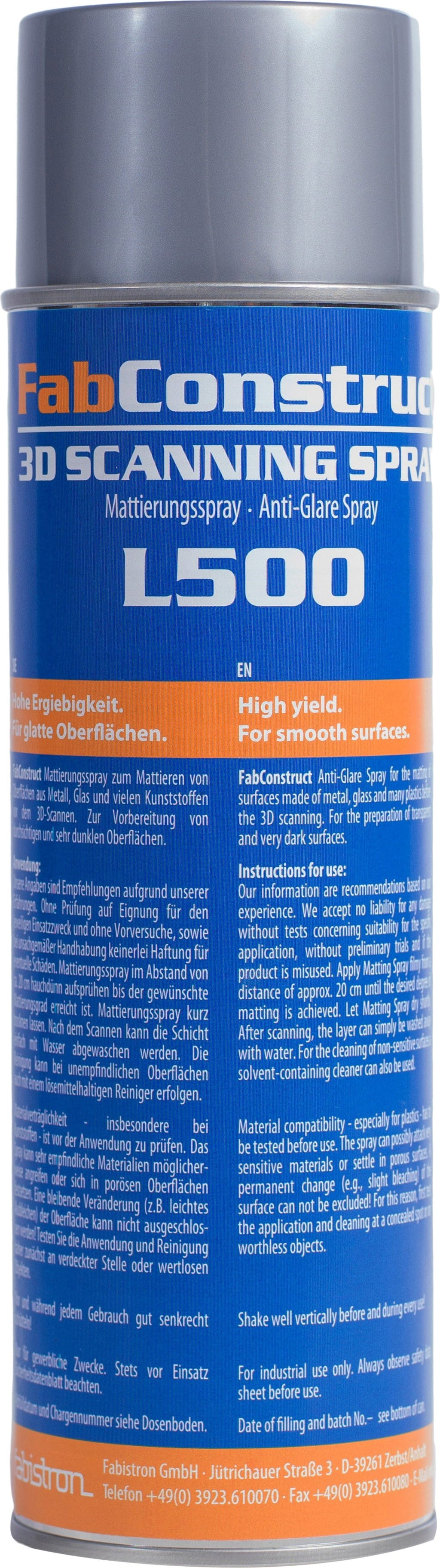 FabConstruct  3D-Scanner Mattierungsspray L500, 500 ml    Objekte für den 3D-Scan vorbereiten