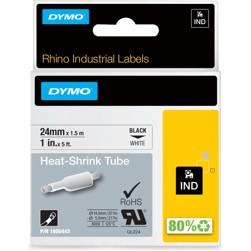 DYMO Rhino Industrielles Gaines thermorétractables autocollantes | 24 mm x 1,5 m | impression en noir sur fond blanc