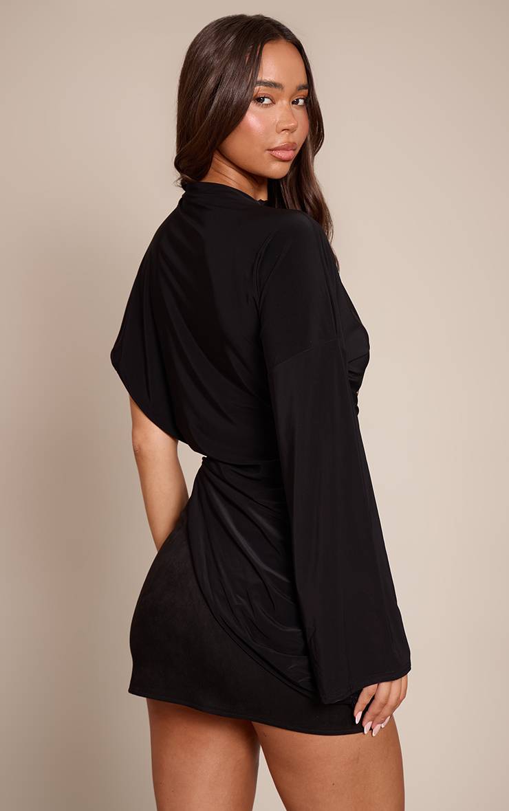 Noir Top À Manches Longues Oversize En Tissu Slinky Double Épaisseur Avec Détail Drapé