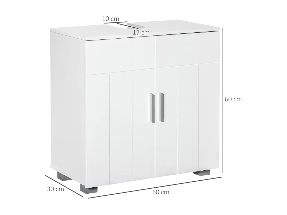 Meuble vasque - meuble sous-vasque - 2 portes rainurées, 2 étagères - poignées alliage aluminium - dim. 60L x 30l x 60H cm - MDF blanc