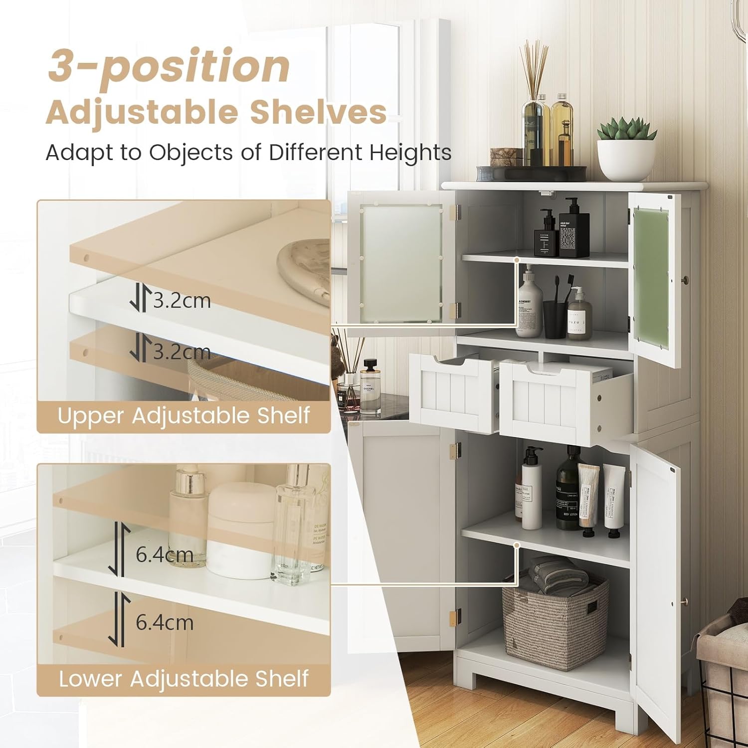 GIANTEX Badezimmerschrank, Badschrank mit 2 Schubladen, 4 Türen & verstellbaren Ablagen, 60 x 30 x 128cm, Aufbewahrungsschrank für Küche, Badezimmer & Wohnzimmer (Weiß)