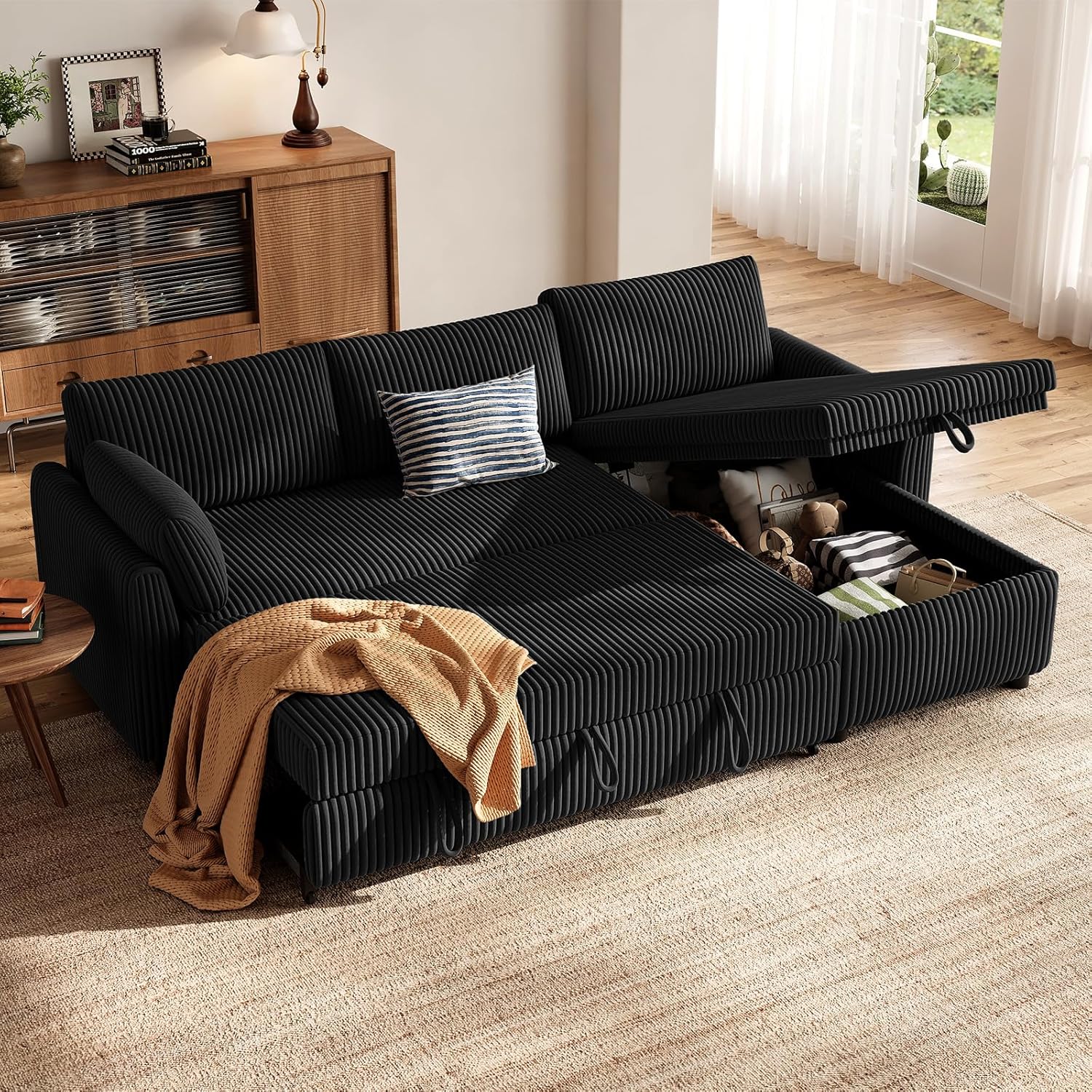 Ecksofa mit Schlaffunktion, Cord-Bezug Schlafcouch in L-Form, Schlafsofa Ausziehbar, Ausziehbares Sofa mit Stauraum, Umkehrbare Chaiselongue (Links & rechts), Schwarz