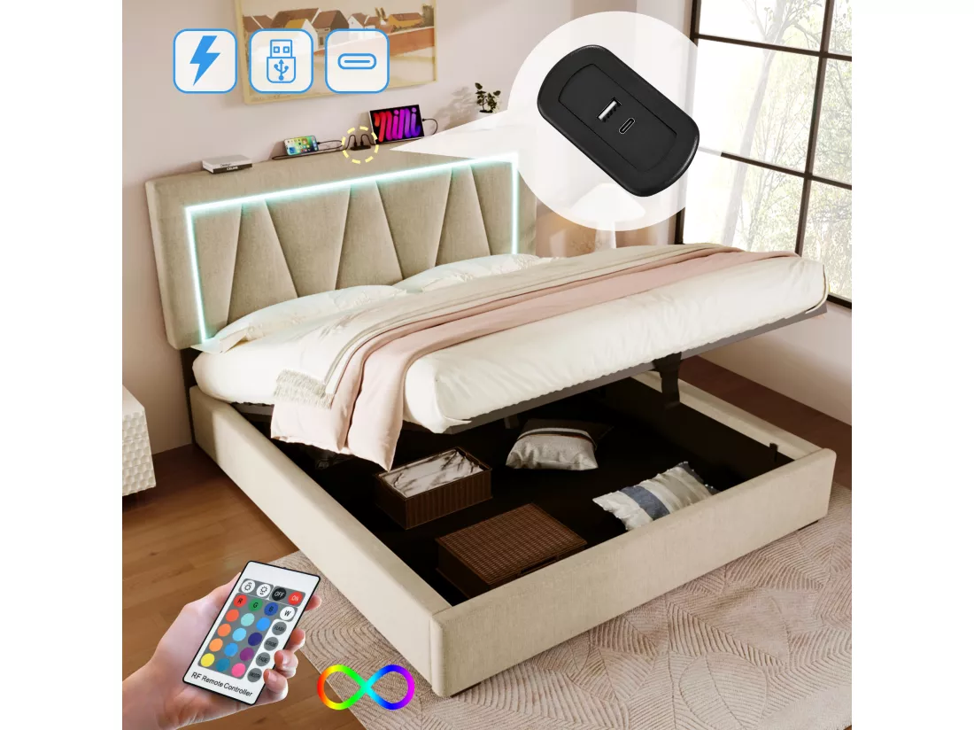 Lit coffre 140 x 200 cm pour adulte - USB + Type C + LEDs - tissu lin - beige