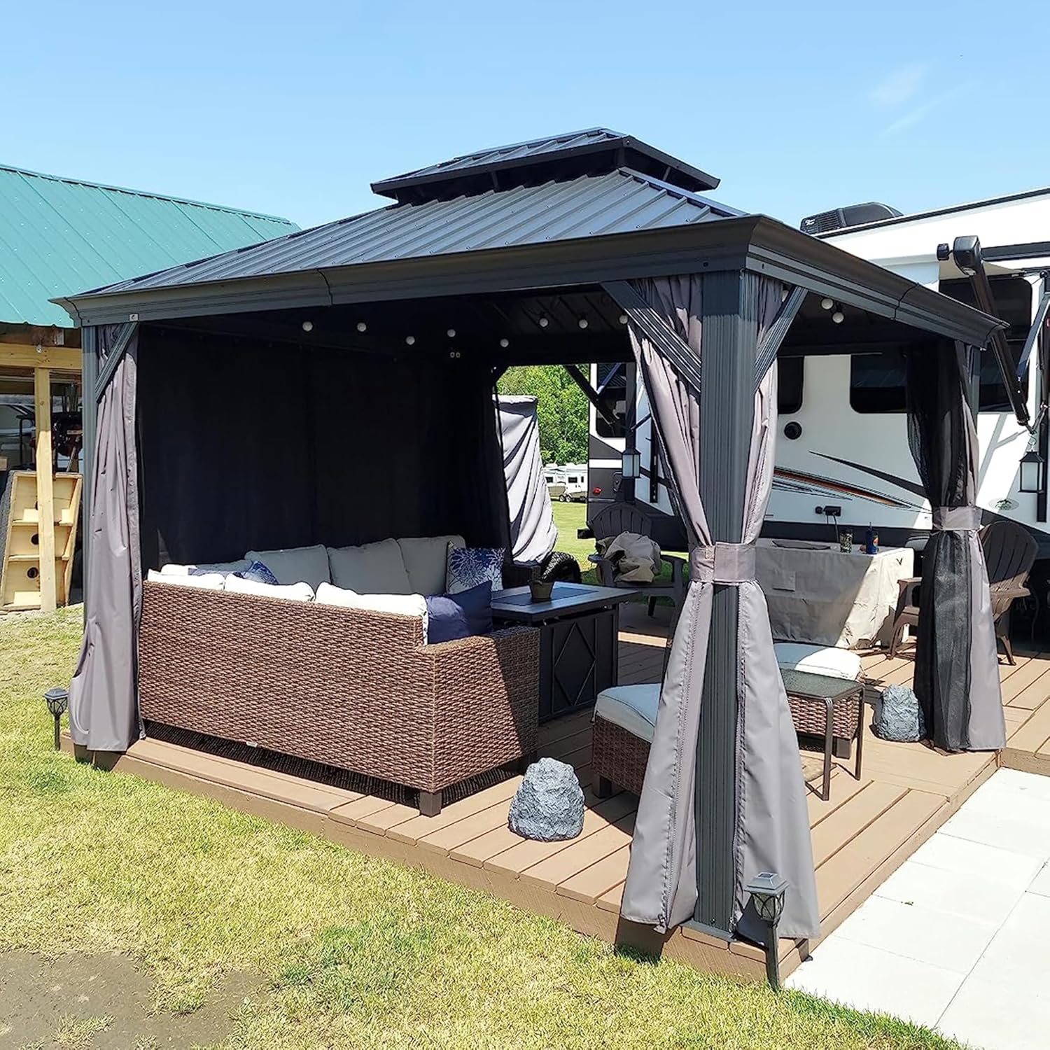 PURPLE LEAF Alu Pavillon 3 x 4 m Wasserdicht Stabil Winterfest Gartenpavillon mit Seitenteile Hardtop Pavillon mit Stahldach, Grau