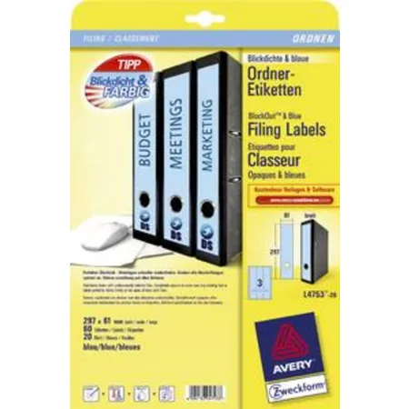 Avery Zweckform L4753-20 Ordnerrücken-Etiketten, 61 x 297 mm, breit/lang, 20 Bogen/60 Etiketten, blau