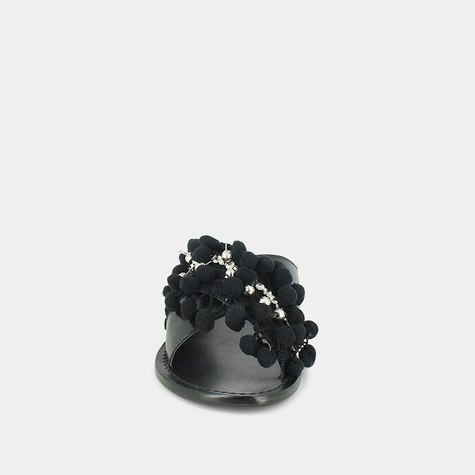 Mules à pompons et perles  en cuir et tissu noir