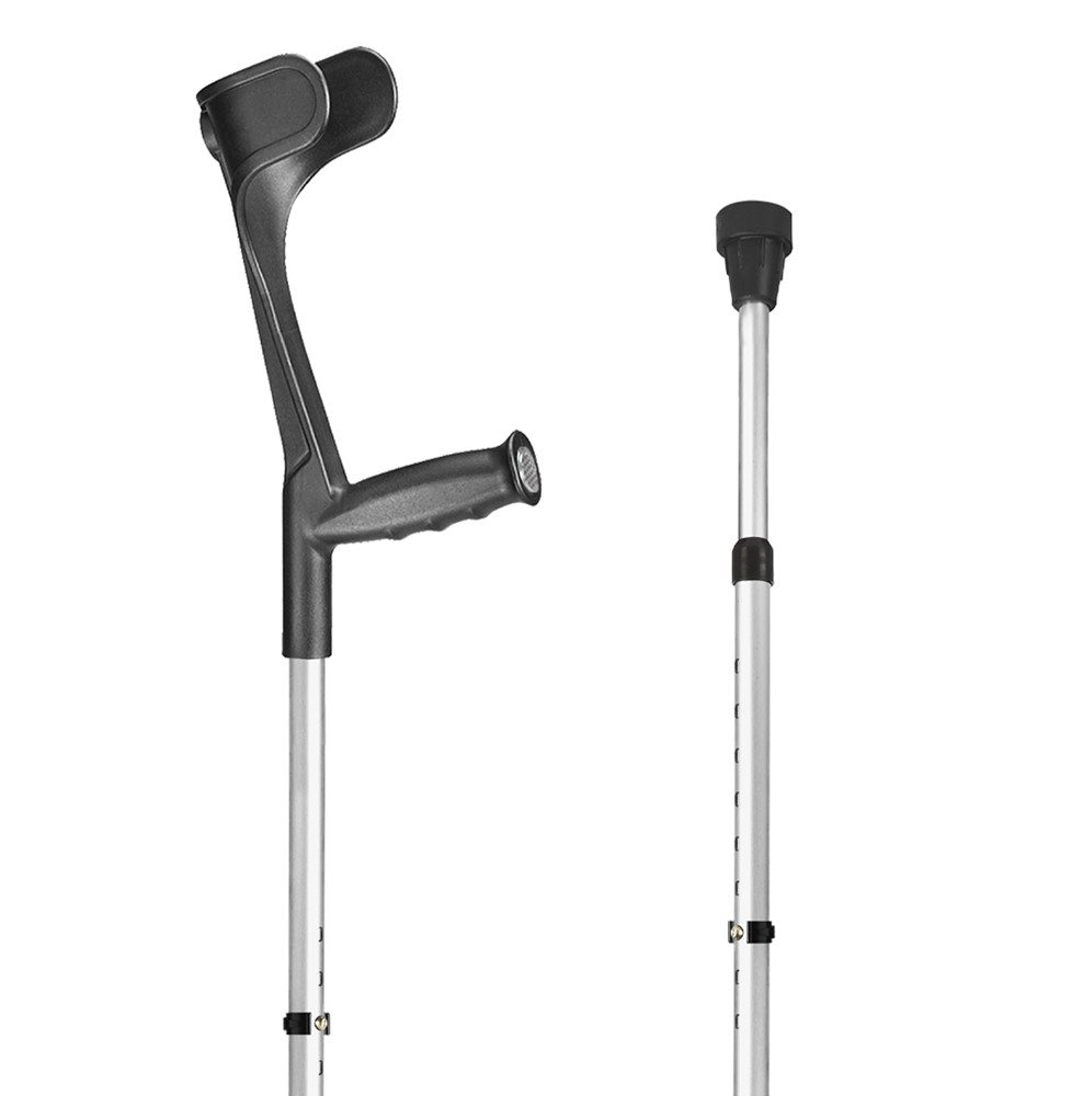 SAHAG Krücken Ergo Hartgriff<br>1 Paar, 76-96cm, alu schwarz -140kg Clipverstellung 2 Reflektoren