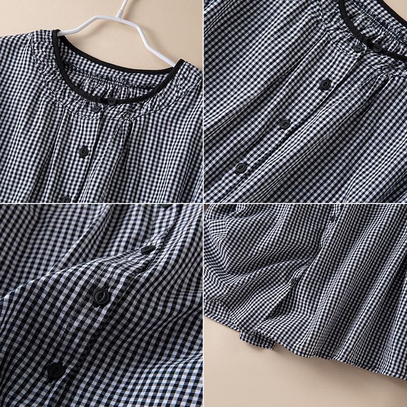 YARU - Blouse met pofmouwen, ruitmotief en knopen
