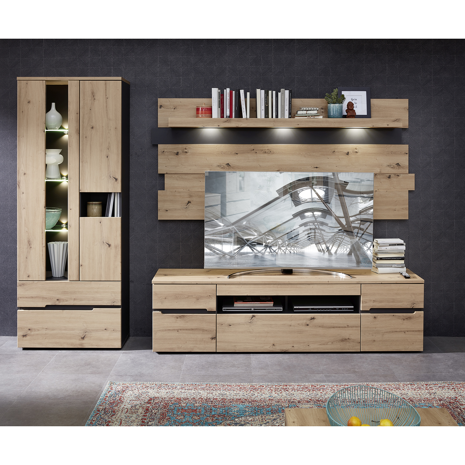 Standvitrine - Artisan Eiche - Graphit - mit Beleuchtung