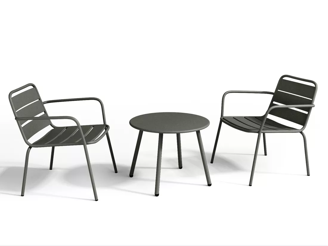 Salon de jardin en métal - 2 fauteuils bas empilables et une table d'appoint ronde - Gris anthracite - MIRMANDE de MYLIA