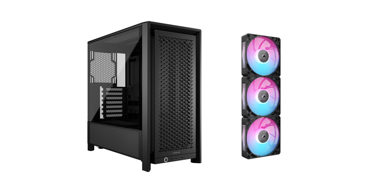 CorsairFRAME 4000D + RX120 MAX Thick Triple Pack bundel midi tower behuizing  (Zwart | 2x USB-A | 1x USB-C | Tempered Glass)