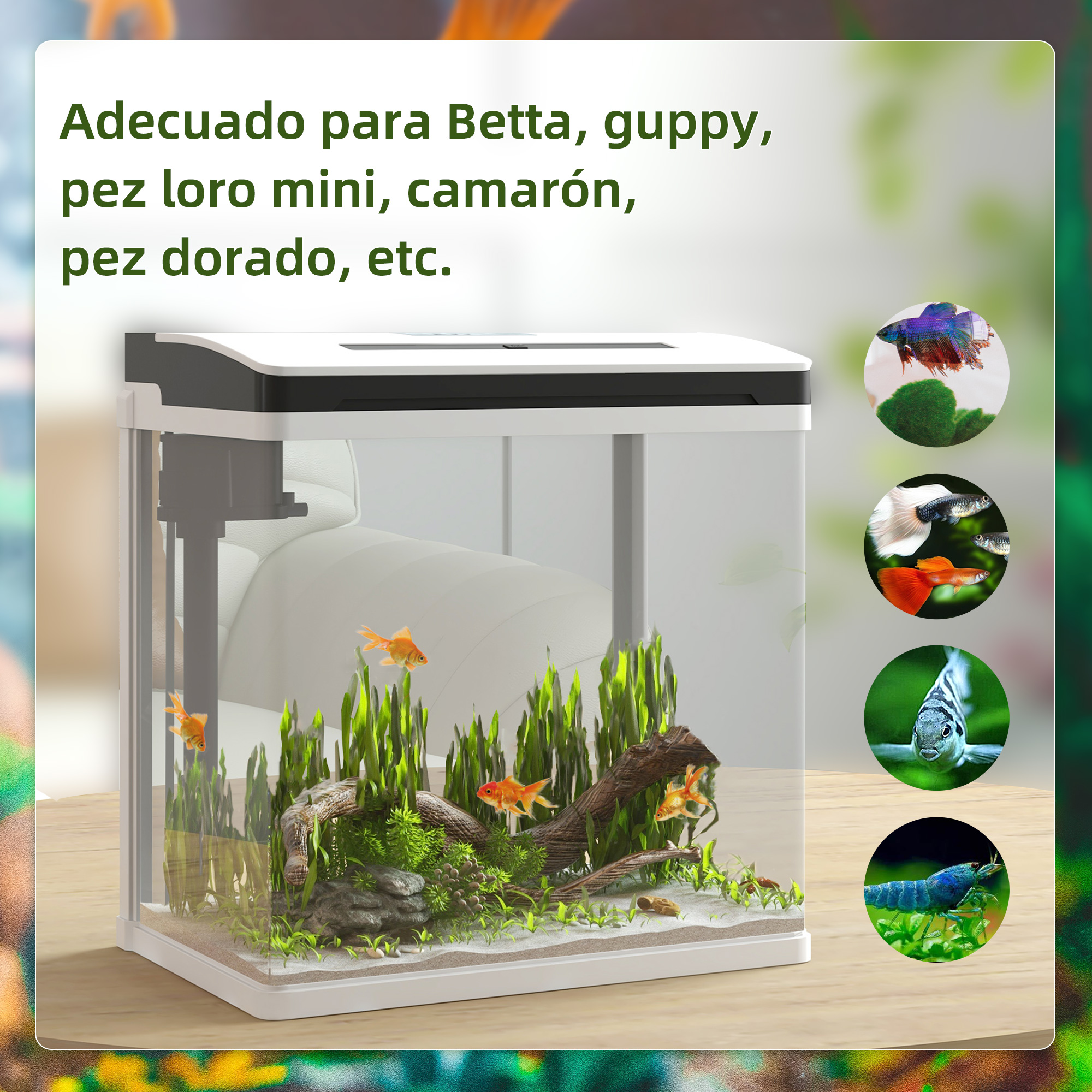 Aquário de vidro PawHut de 13 litros, pequeno, com sistema de filtragem, iluminação LED e bomba de água, 29 x 20 x 30,5 cm, branco.