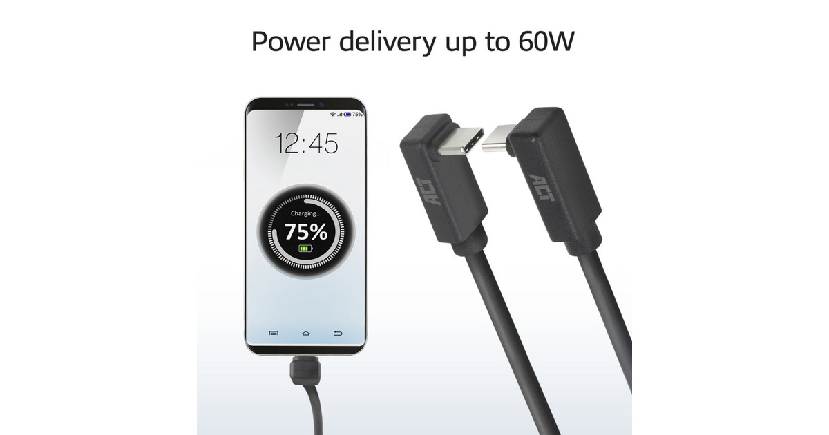 ACT ConnectivityUSB 3.2 USB-C (omhoog/omlaag haaks) naar USB-C (omhoog/omlaag haaks) kabel  (Zwart, 10 Gbit/s, 60W, 0,5 meter)