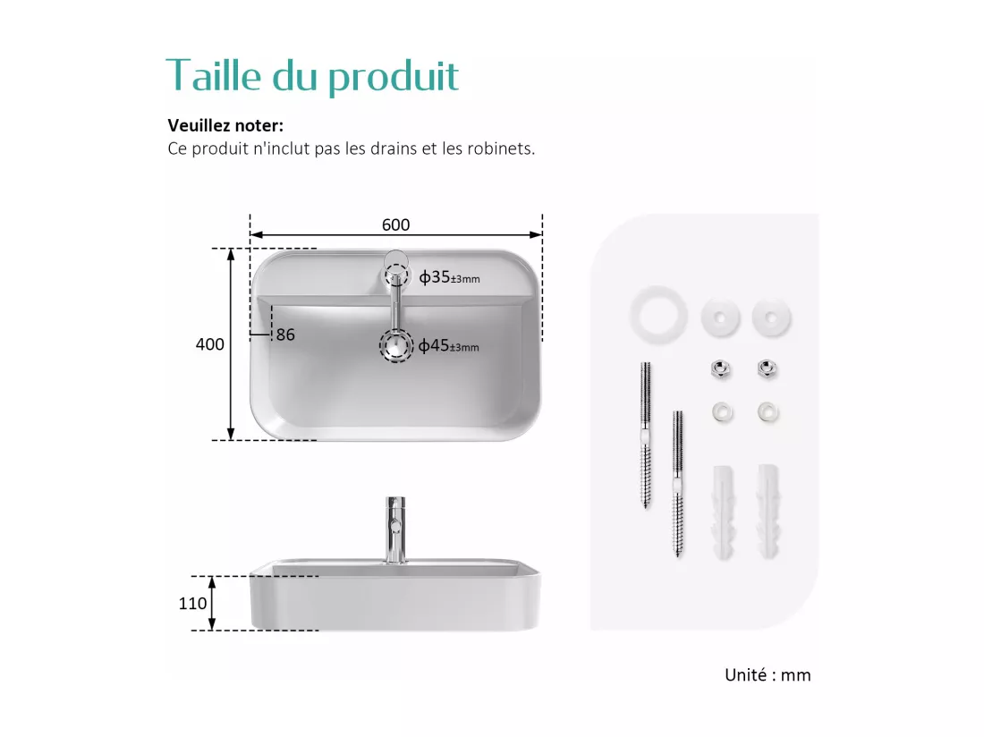 EMKE Vasque à Poser en céramique 60×40×11cm, Lavabo rectangulaire avec robinet trou prépercé, Lavabo à poser blanc brillant