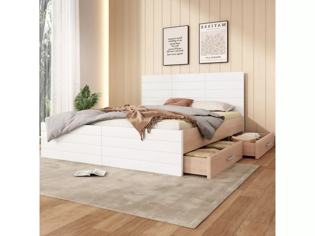 Lit avec rangements 180 × 200 cm - chêne - 2 tiroirs - blanc et grain de bois - 207×185x80cm