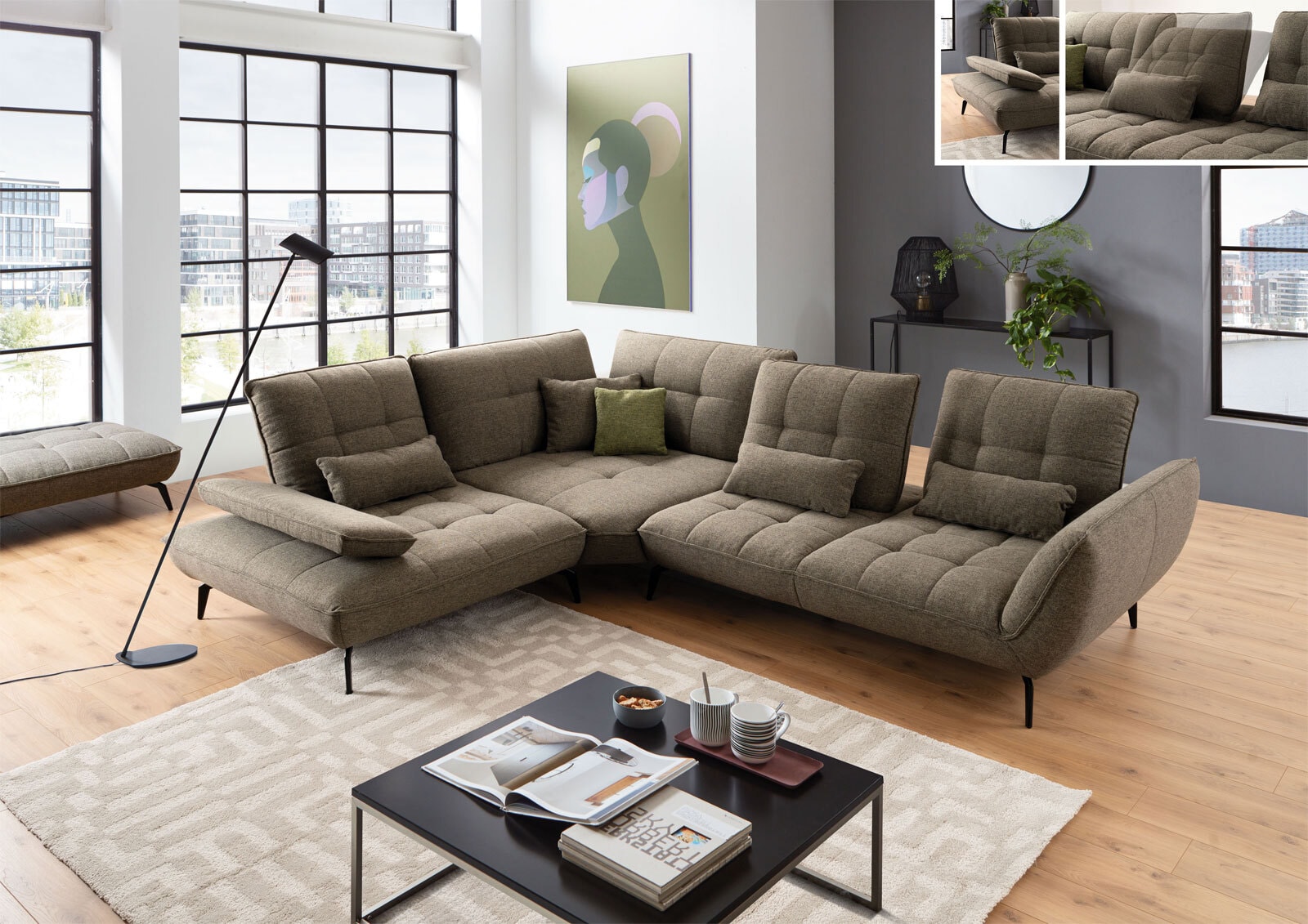 vito Ecksofa mit Hocker TICONA L Amsterdam khakigrün