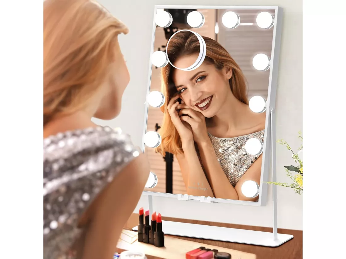 Miroir de maquillage intelligent Avec Bluetooth et miroir LED rechargeable sans fil 12 ampoules LED dimmables blanc 30cm x 41cm
