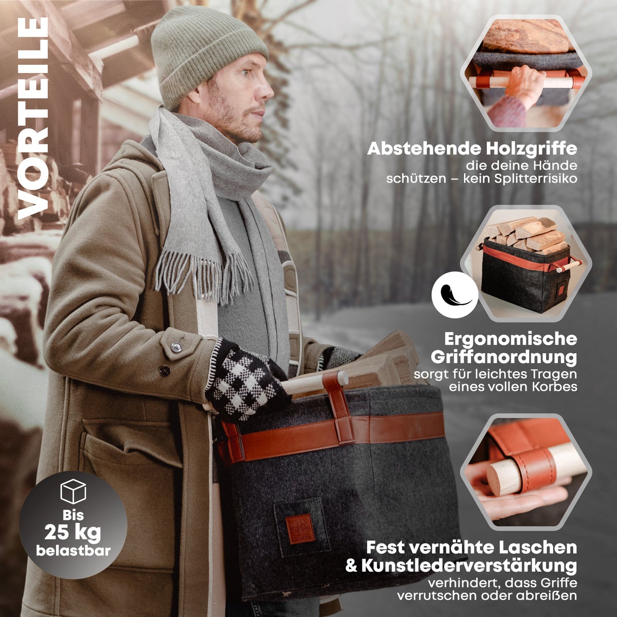OAKAGE® Klassieke donkergrijze houten mand met vilt - Metalen frame voor extra stabiliteit - 42x32x35cm