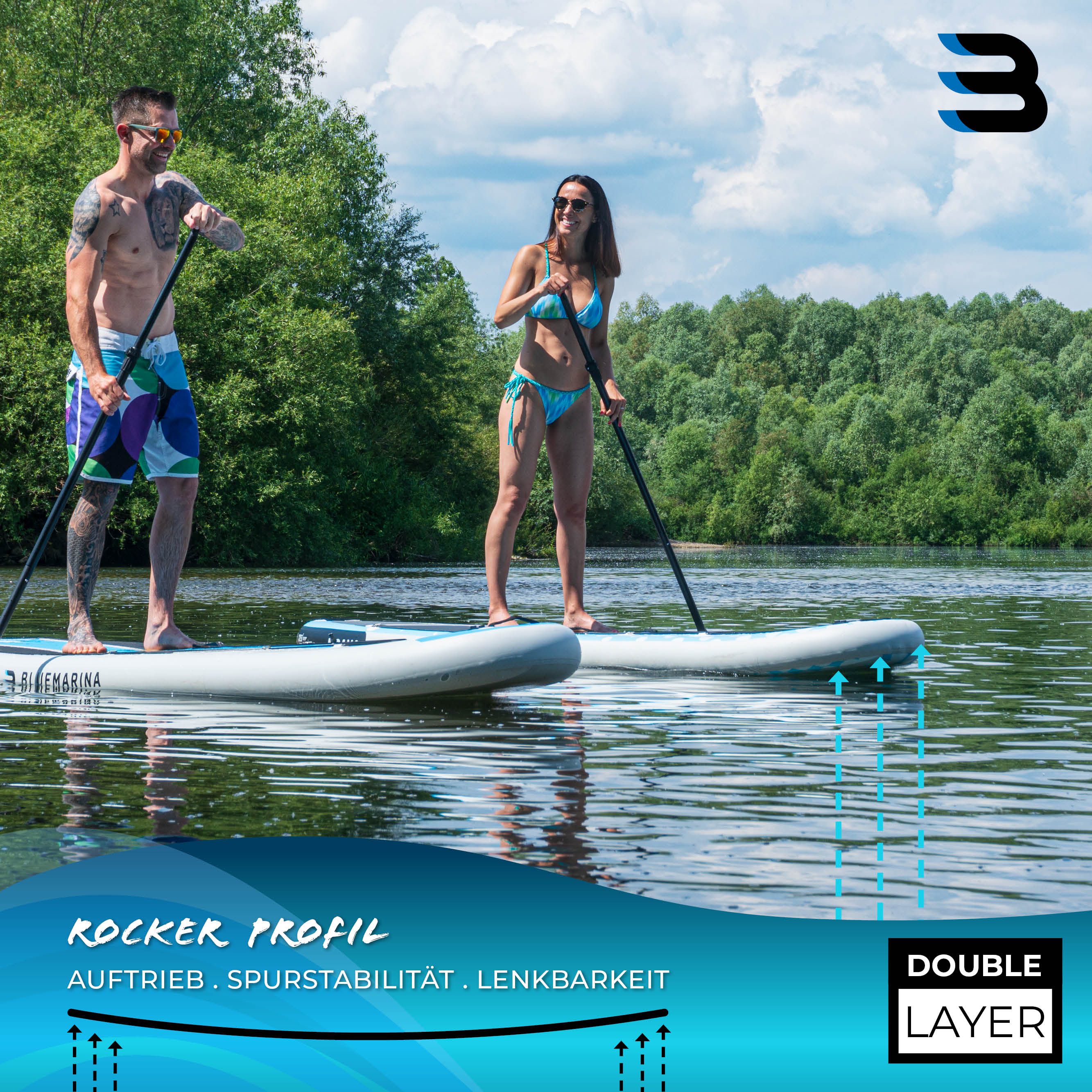 Bluemarina SUP Board Moana, aufblasbar mit Double Layer, Paddel, Pumpe, Rucksack, 5J Garantie (305x76x15cm / 10')