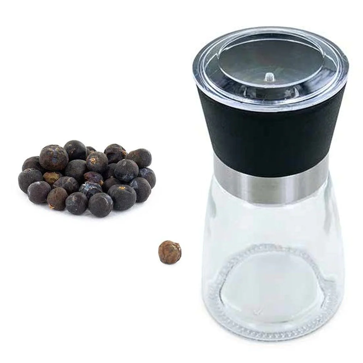 Moulin à épices en verre et céramique + baies de genévrier bio Aromand