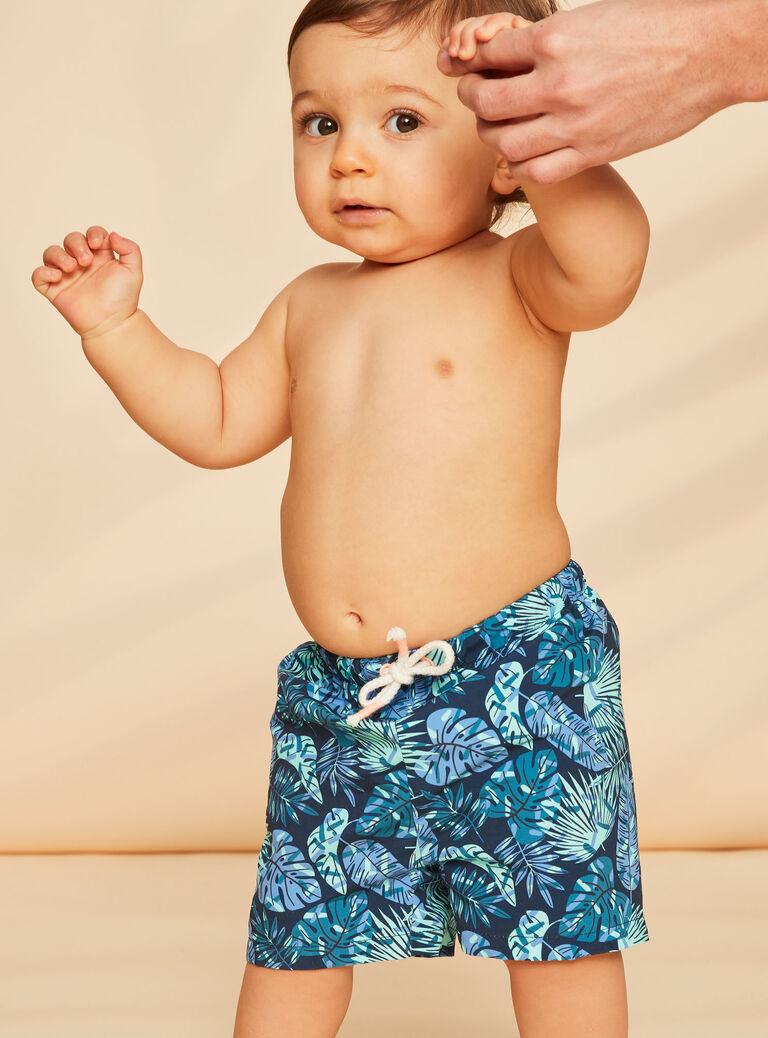 Short de bain bleu marine et vert à imprimé feuillage