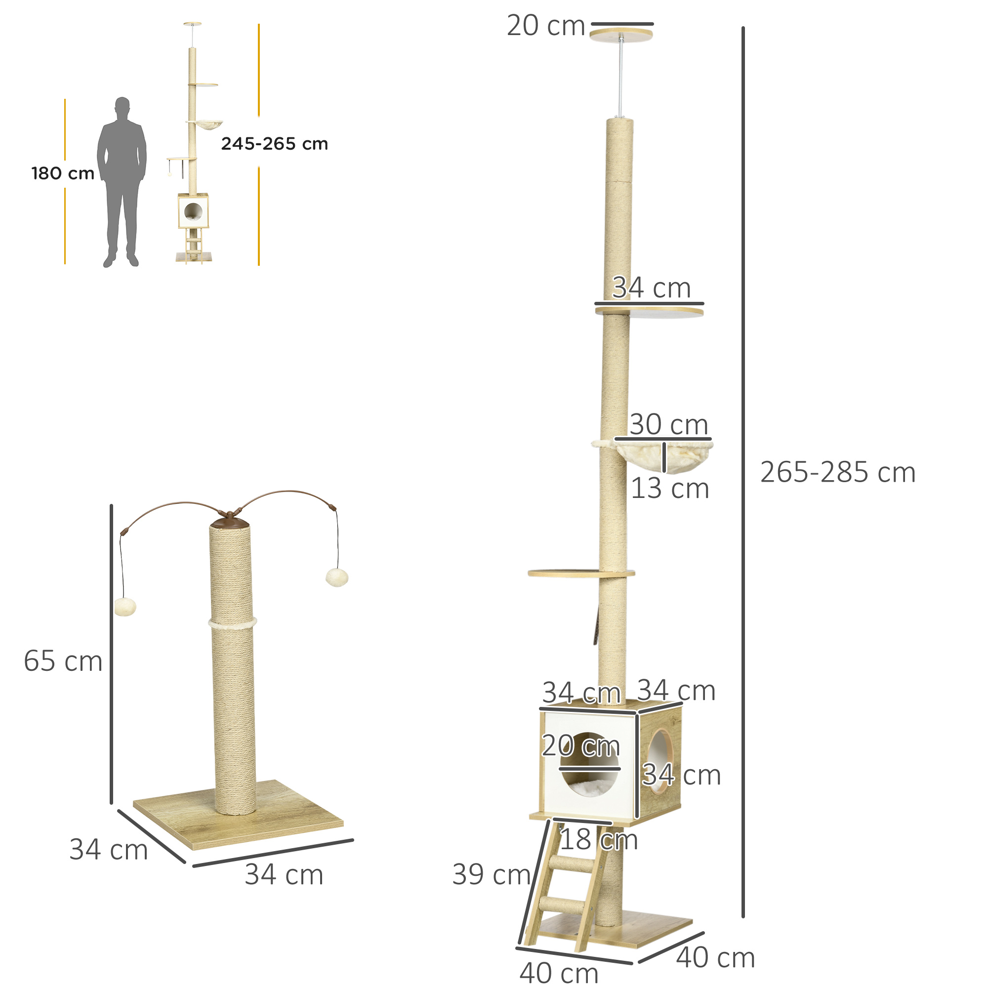 Árvore para Gatos PawHut, do chão ao teto, 225-285 cm, Árvore pequena para gatos com altura ajustável, plataformas, rede, casinha, poste de juta, rampa e bolas para brincar, 40x40x225-285 cm, bege