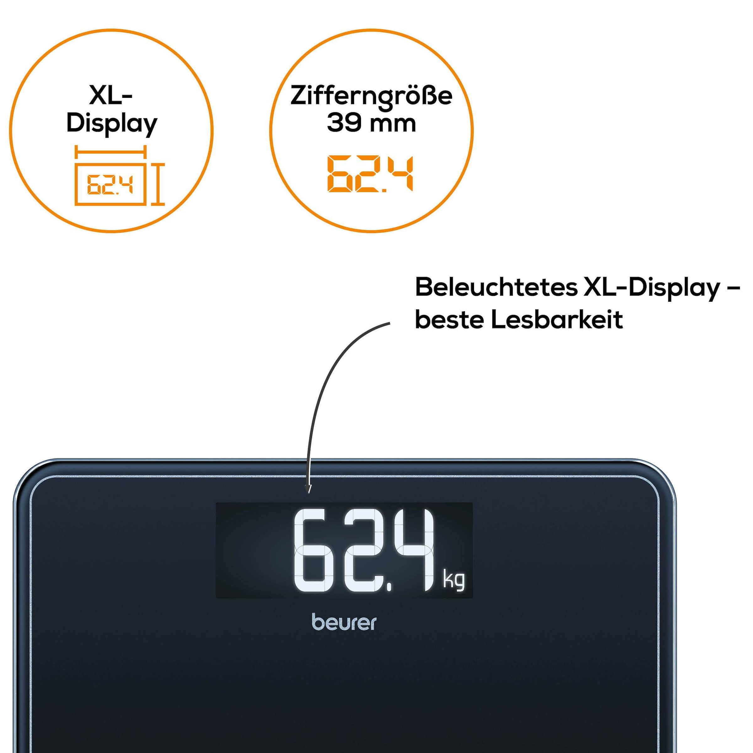 BEURER Personenwaage »GS 400, grosse Trittfläche mit 8 mm weissem Sicherheitsglas« XL-Display, Tragkraft bis 200 kg und praktische Einschaltautomatik