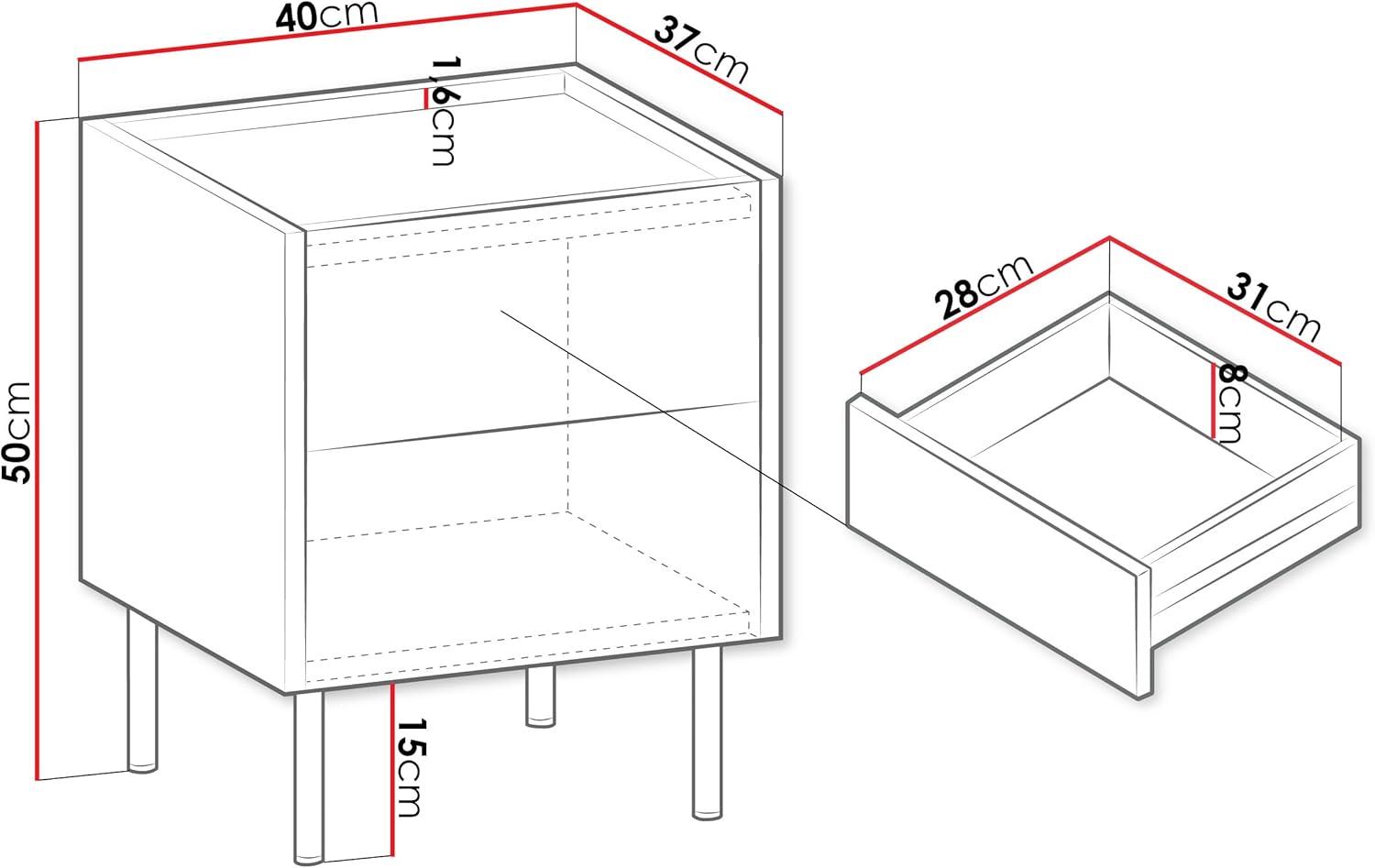 Mirjan24 Nachttisch Tewos S40 S2 mit 2 Schubladen, Metallfüße, Nachtschrank, Nachtkonsole, Nachtkommode, Beistelltisch (Nuss Warmia + Marmor Schwarz)