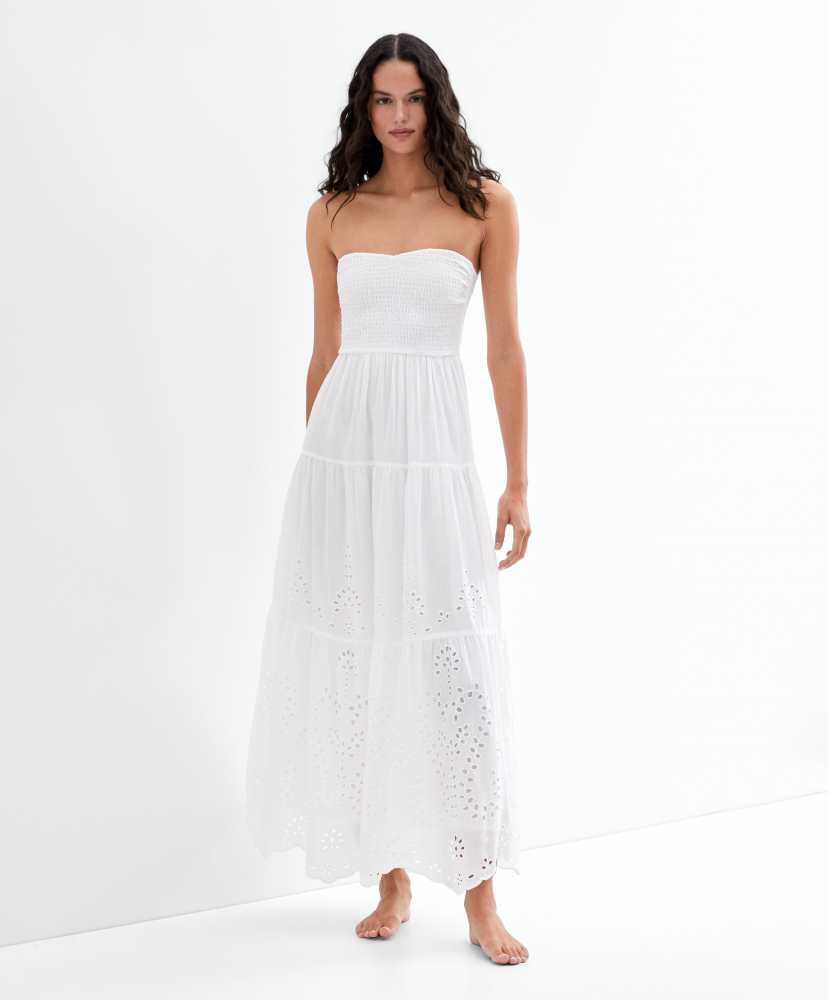 Vestido longo, 100% algodão, bordado suíço.