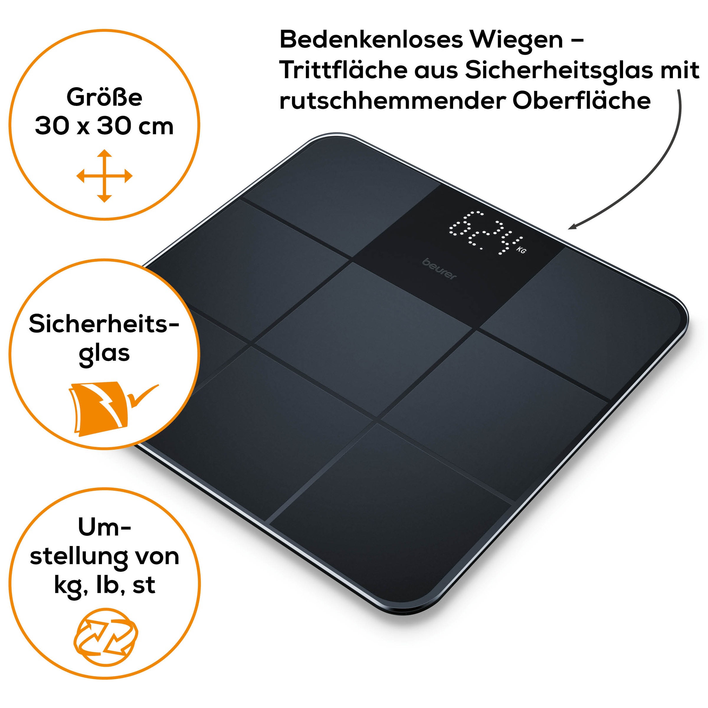 BEURER Personenwaage »GS 235 Glaswaage mit Magic-LED Display - erscheint nur bei Messung« Elegante Oberfläche mit matter Fliesenstruktur, Tragkraft bis 180 kg