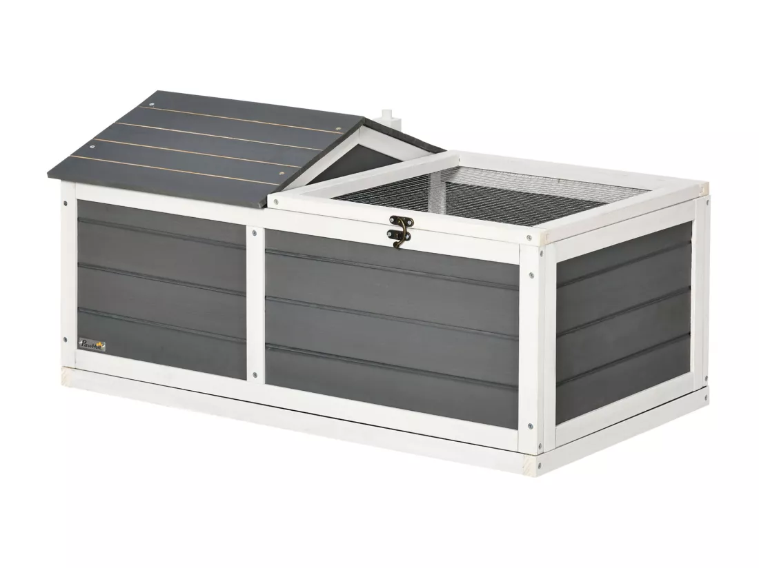 Enclos pour tortue - parc pour tortue - niche, enclos extérieur grillagé, toit ouvrant verrouillable - sapin gris blanc