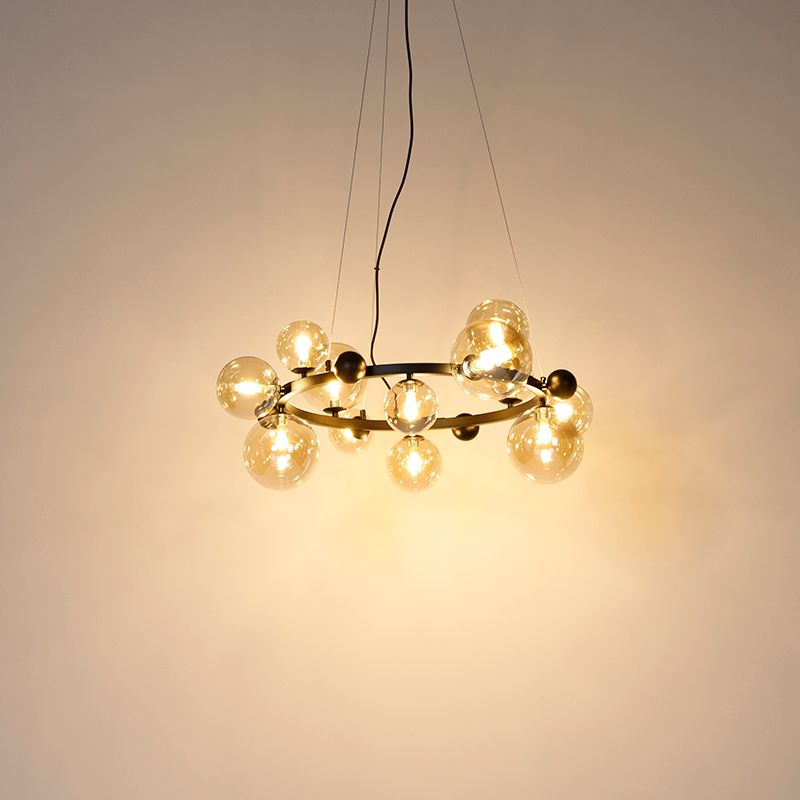 Art deco hanglamp zwart met amber glas 12-lichts - David