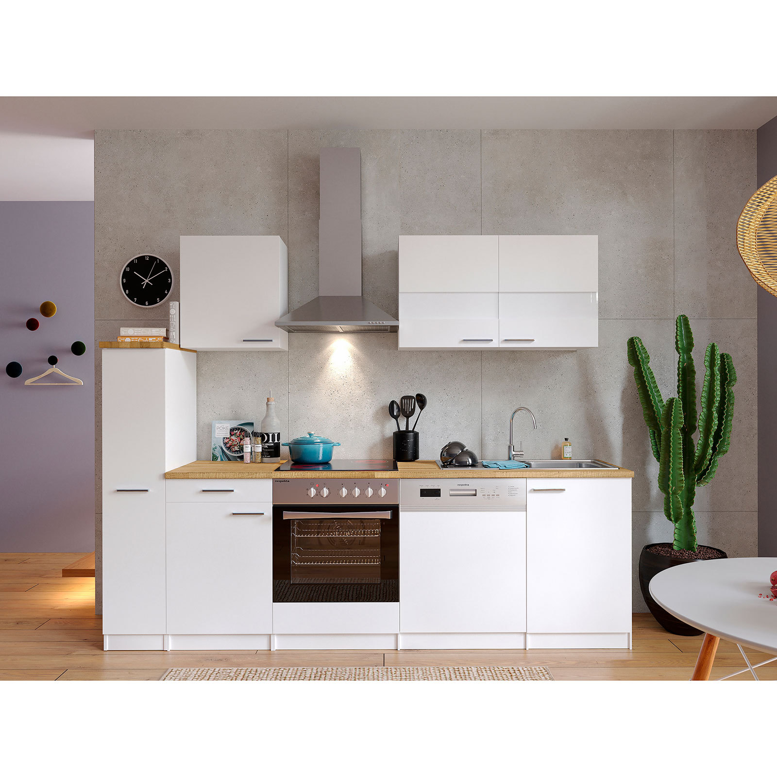 RESPEKTA Küchenblock - weiß - mit E-Geräten - 250 cm