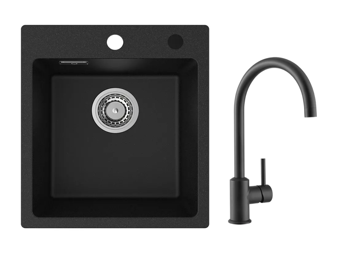 Cecipa MAX 40x45cm Noir Evier de Cuisine en Quartz et Résine Evier 1 Bac + Mitigeur de Cuisine en Inox Noir