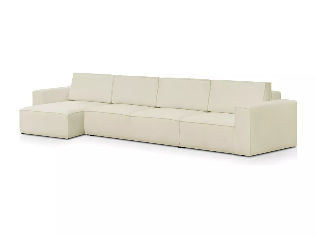 Canapé d'angle modulable réversible convertible 7 places avec coffre de rangement en tissu bouclé écru - Harper Mod