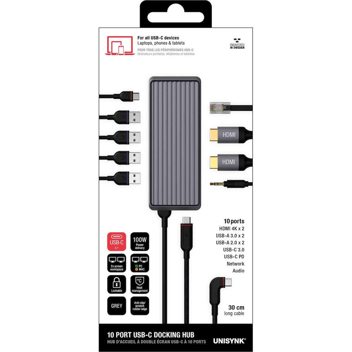 Unisynk 10-Port USB-C hub (grå)