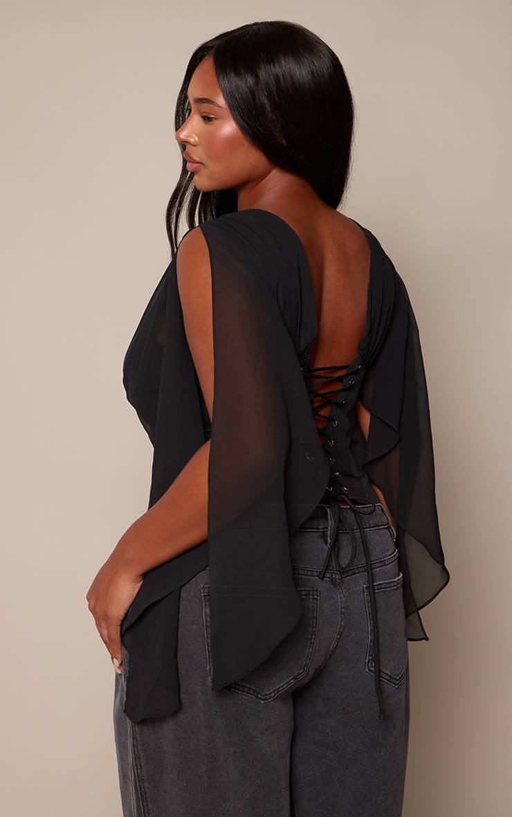 Noir Top Grande Taille Style Corset En Mousseline À Décolleté Plongeant