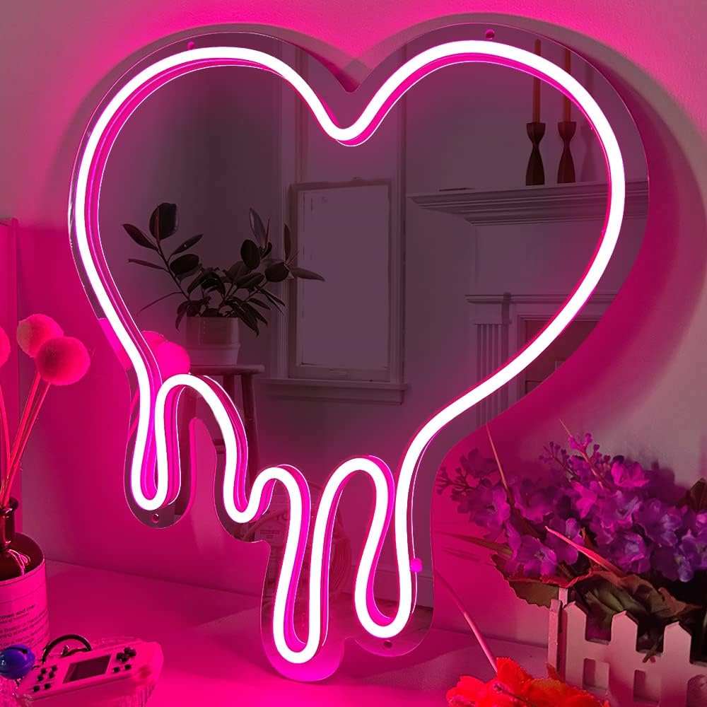 (33x30cm) LED Neon Sign Herz Spiegel Dimmbare Wand Home Deko USB Licht Schild Home Party Accessoire Hängelampe - Pink